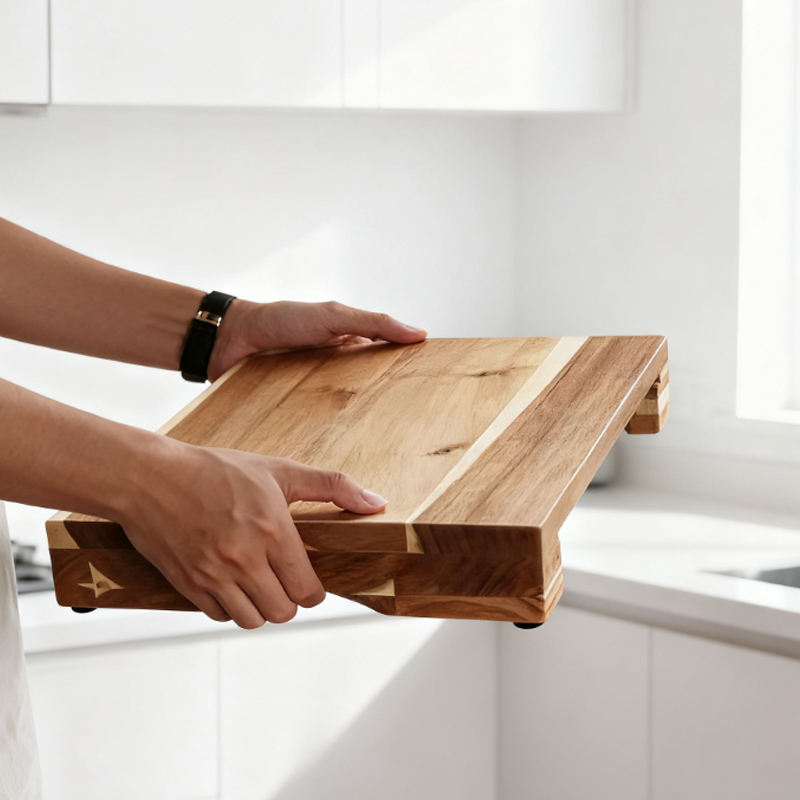 Multipurpose Rectangular Acacia Wood Cutting Board With Stainless Steel Drawer Wooden Chopping Board With Tray