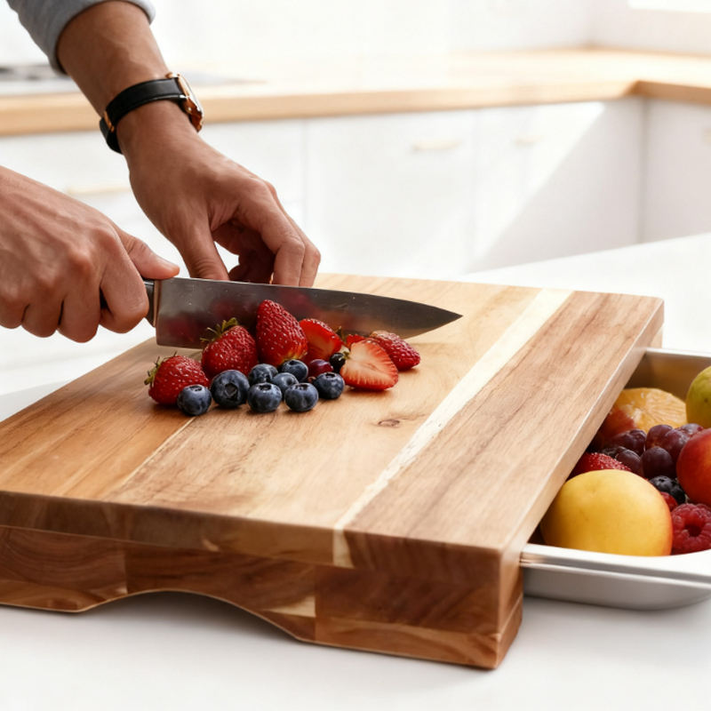 Multipurpose Rectangular Acacia Wood Cutting Board With Stainless Steel Drawer Wooden Chopping Board With Tray