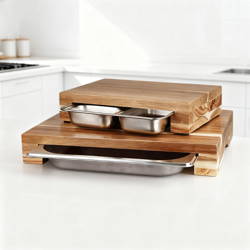 Multipurpose Rectangular Acacia Wood Cutting Board With Stainless Steel Drawer Wooden Chopping Board With Tray
