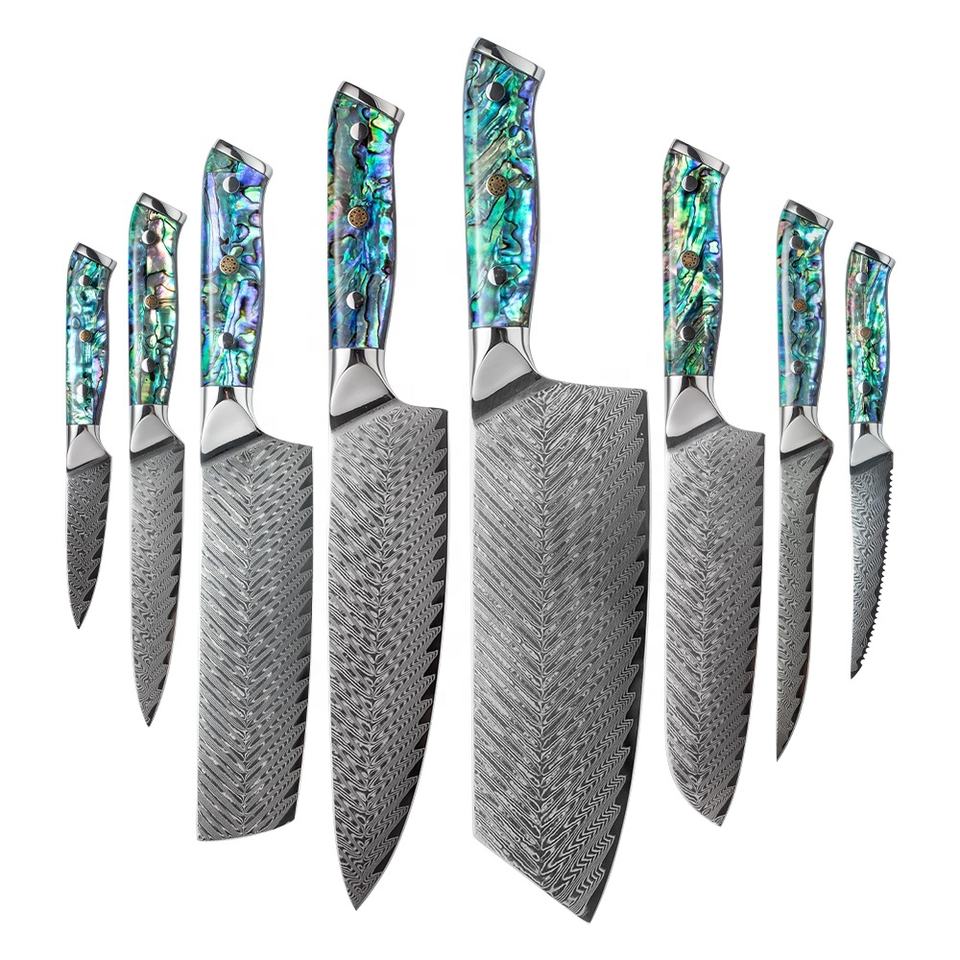 9-Piece Damascus Steel Chef Knife Set with 67-Layer Construction Ambidextrous Shell Handle Sharp Cooking Knives for Home Kitchen